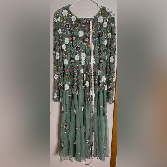 Mac Duggal Green Sequined Floral Long Sleeve High Neck Midi Dress in Sage Multi Mac Duggal Green Sequined Floral Long Sleeve High Neck Midi Dress in Sage Multi
